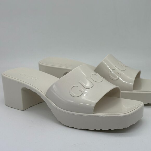 Gucci Double GG Logo Rubber Platform Block Heel Mules Slides Sandals Shoes - Picture 9 of 16